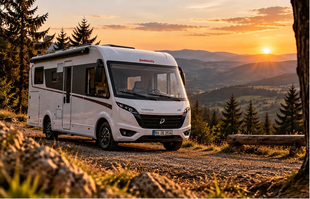 Obytný vůz Dethleffs Globebus I4 od půjčovny obytňák Zlín při západu slunce v Beskydech